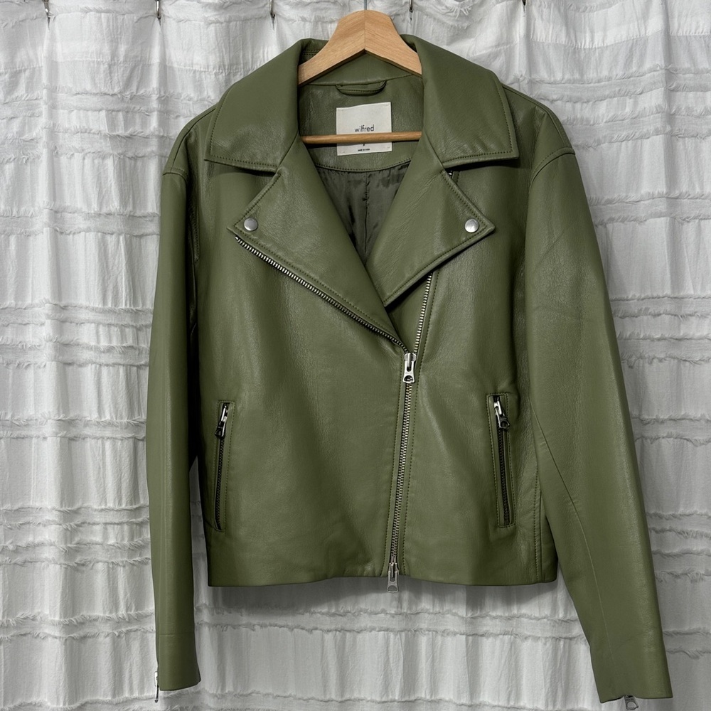 WILFRED DIAZ VEGAN LEATHER MOTO JACKET IN SAGE GREEN